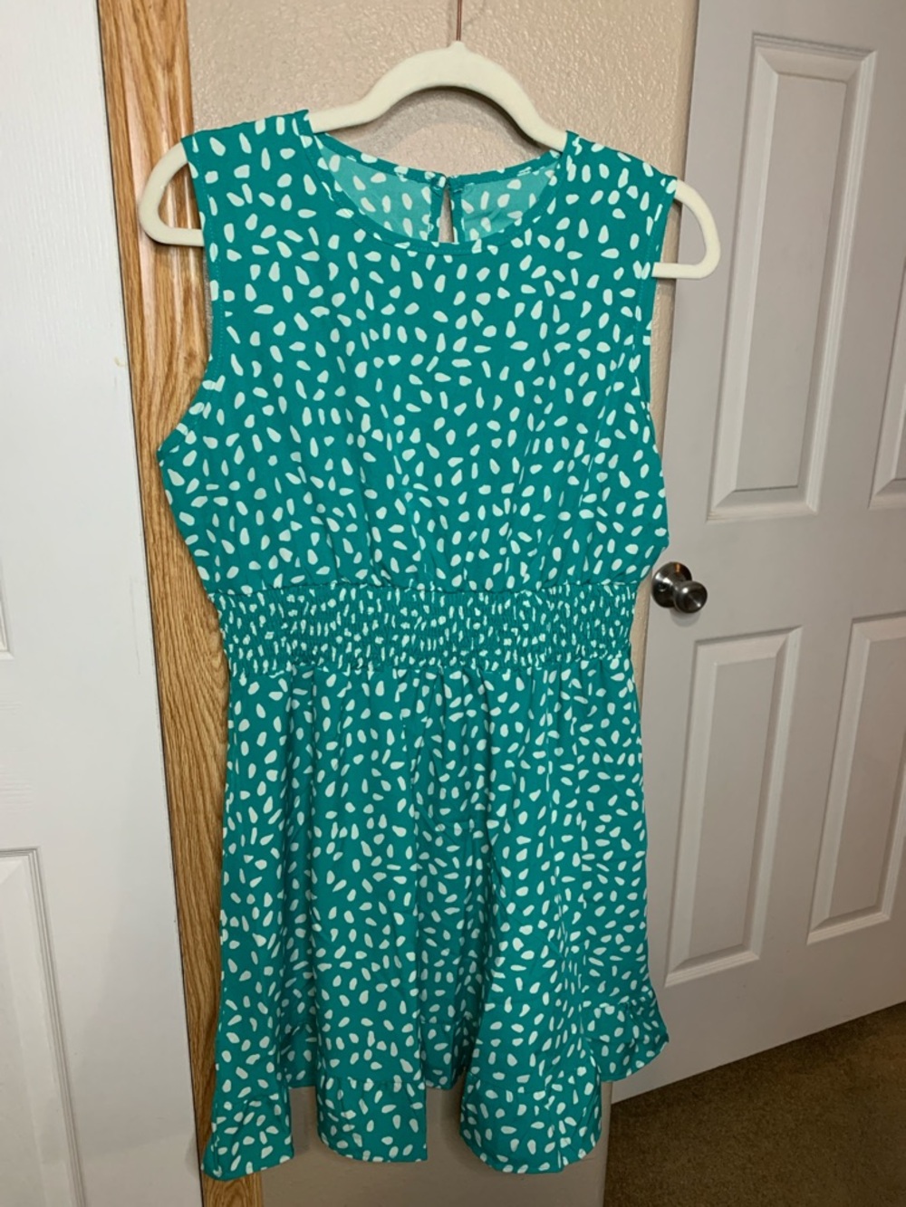 ABSTRACT DOT Teal & White Smocked-Waist Mini Dress - Picture 5 of 6
